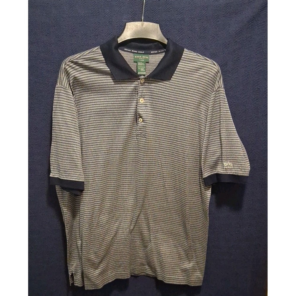 Hugo Boss Golf Men's XL Polo Shirt Navy Blue Check Logo 100% Cotton Italian Made